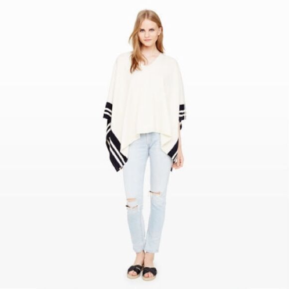 Club Monaco- Women’s Cream and Navy Stripes Ribbed Lori Cashmere Poncho Cape, OS - Picture 1 of 11